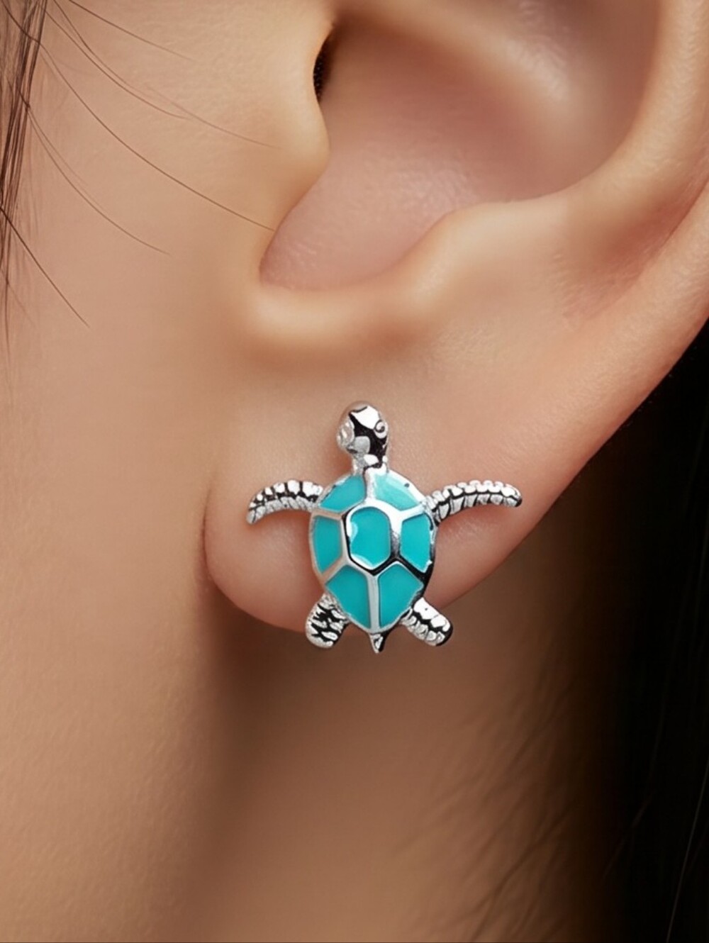 Sea Turtle Earrings Turquoise Aqua Enamel Silver Stud Coastal Ocean Beach Glam